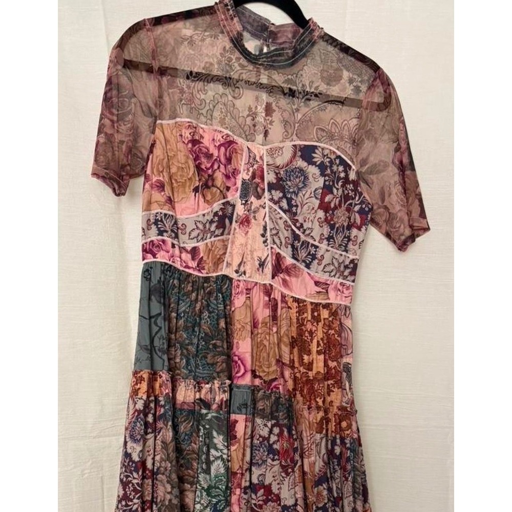 Geisha Designs Anthropologie Patchwork Floral Maxi Dress Pink Multi Mesh Size 4 - Picture 6 of 11